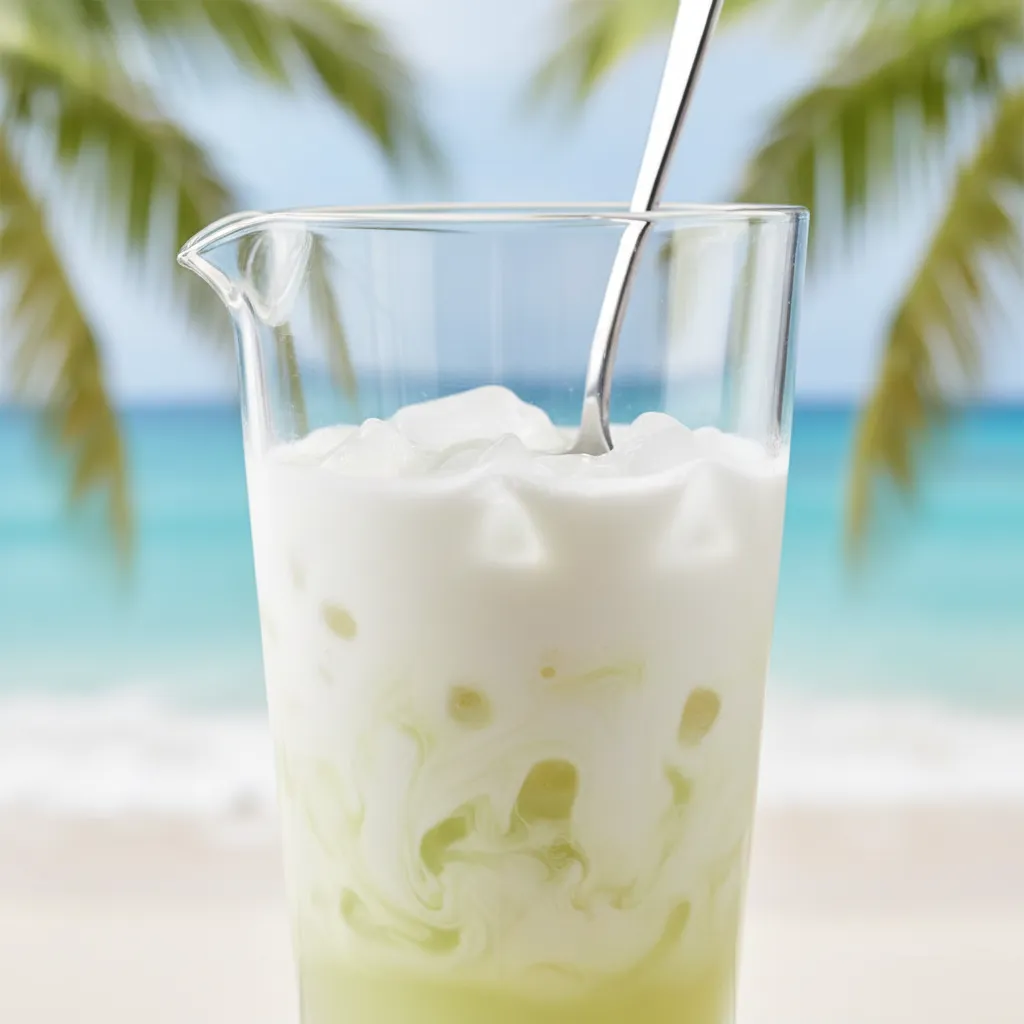 Stirring coconut milk and lime juice in a pitcher