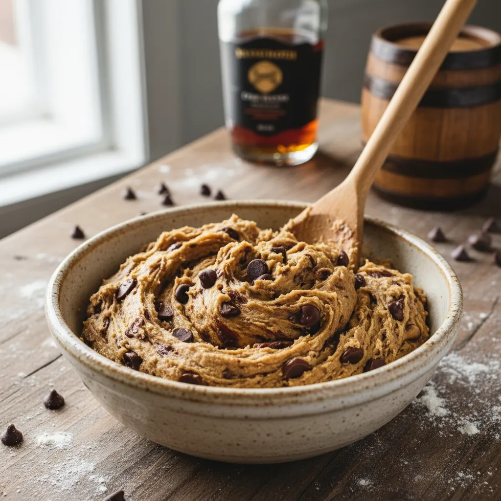 Stirring chocolate chip cookie dough infused with bourbon