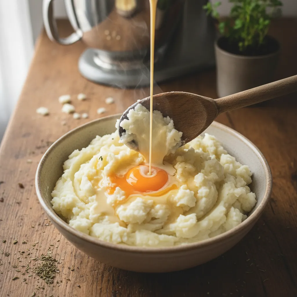 Folding cream and egg yolk into cold leftover mashed potatoes