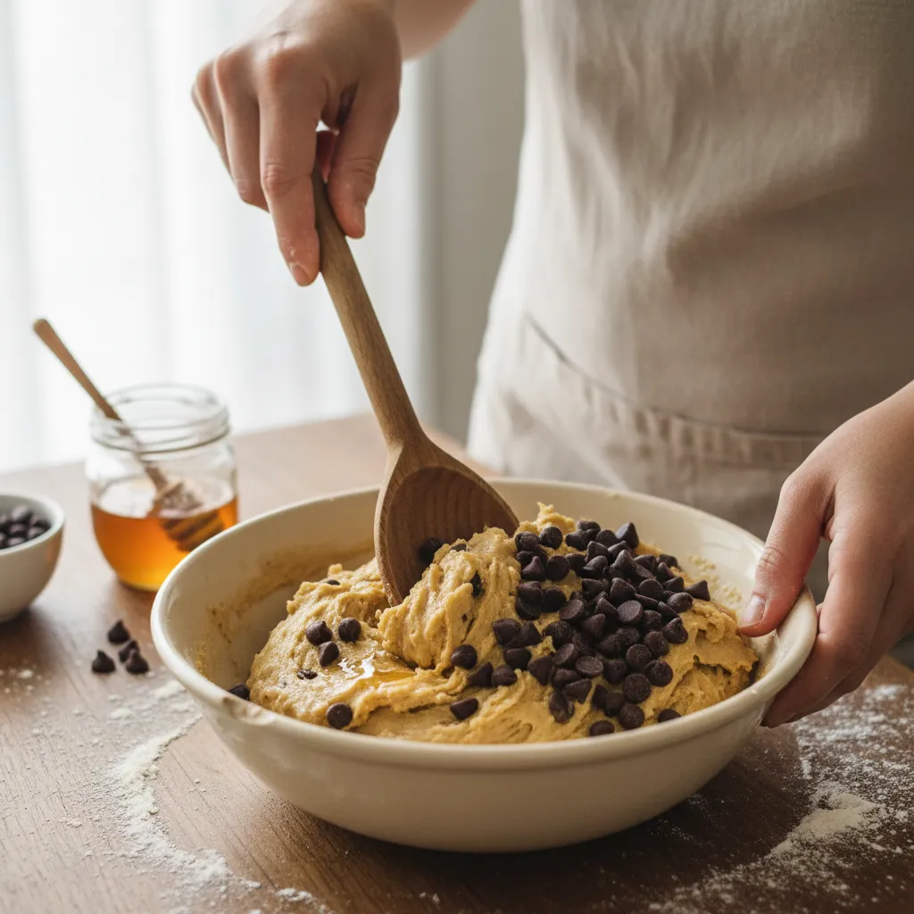 Hands mixing chocolate chips into sweet honey cookie dough