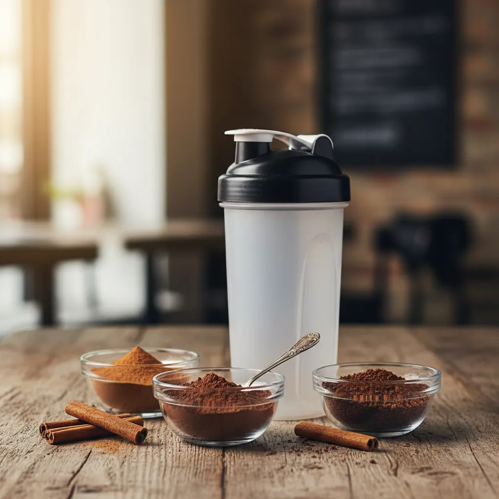 Bowls of cinnamon and cocoa powder next to a protein shaker bottle