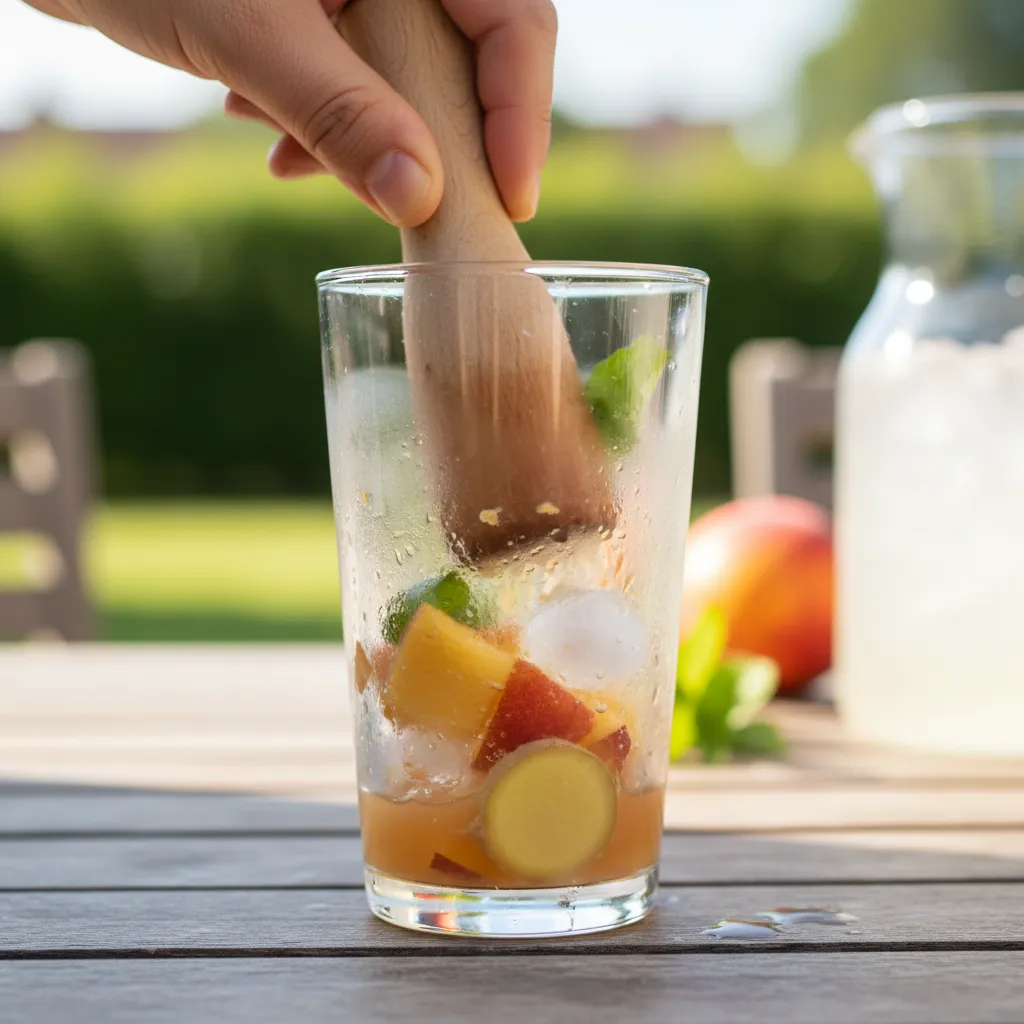 Hand muddling fresh fruit and ginger in a glass for a mocktail