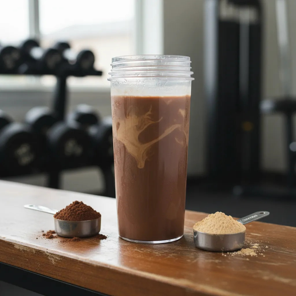 Chocolate peanut butter protein shake in a shaker bottle on a gym bench