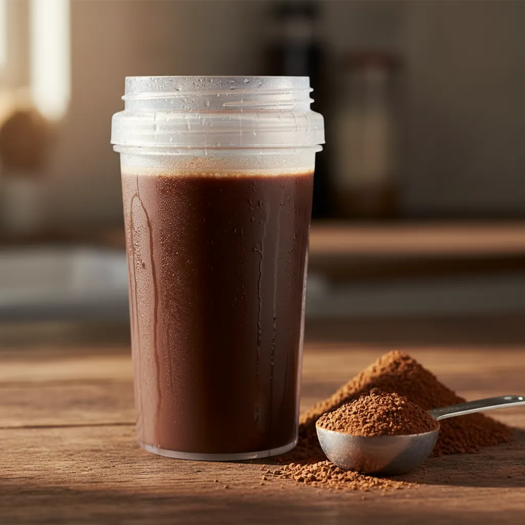 A rich chocolate mocha protein shake in a shaker bottle with instant coffee crystals
