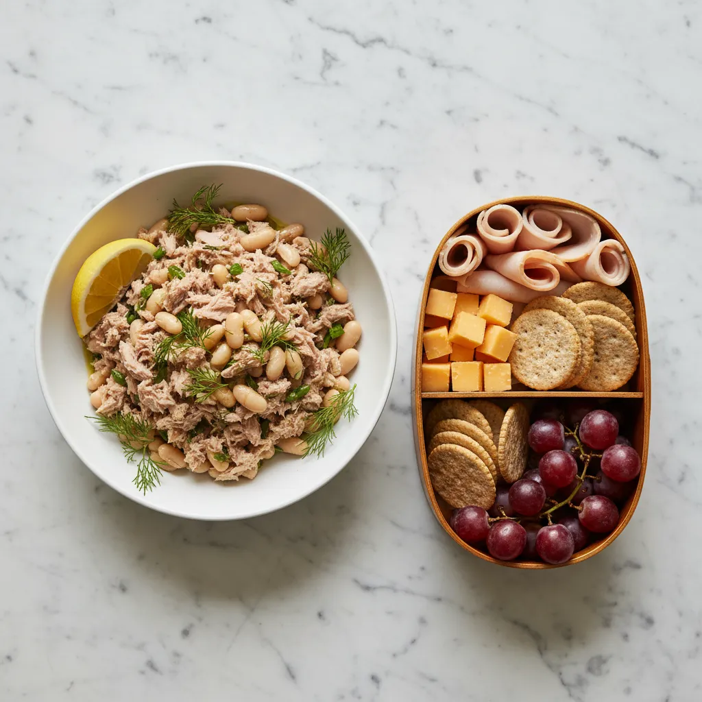 A vibrant spread of no-cook high protein lunches including a tuna bean bowl and a turkey deli bento box.
