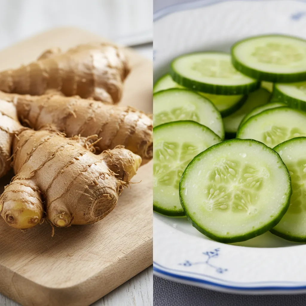 Fresh ginger and cucumber showing nutritional benefits for pregnant women