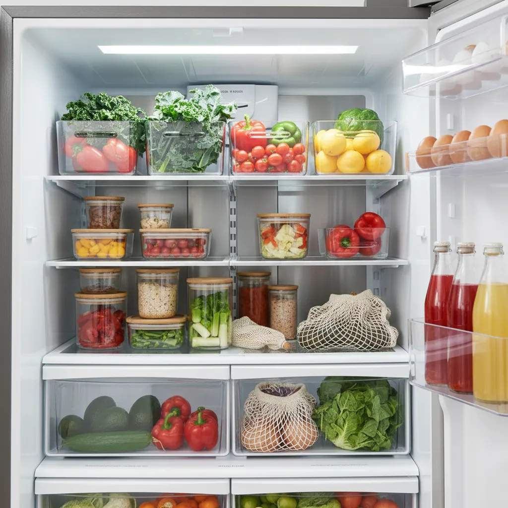 A brightly lit and neatly organized refrigerator filled with fresh wholesome ingredients and clear containers