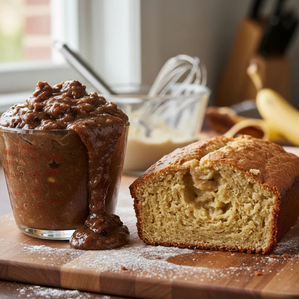 Mashed bananas overflowing from a measuring cup next to dense banana bread