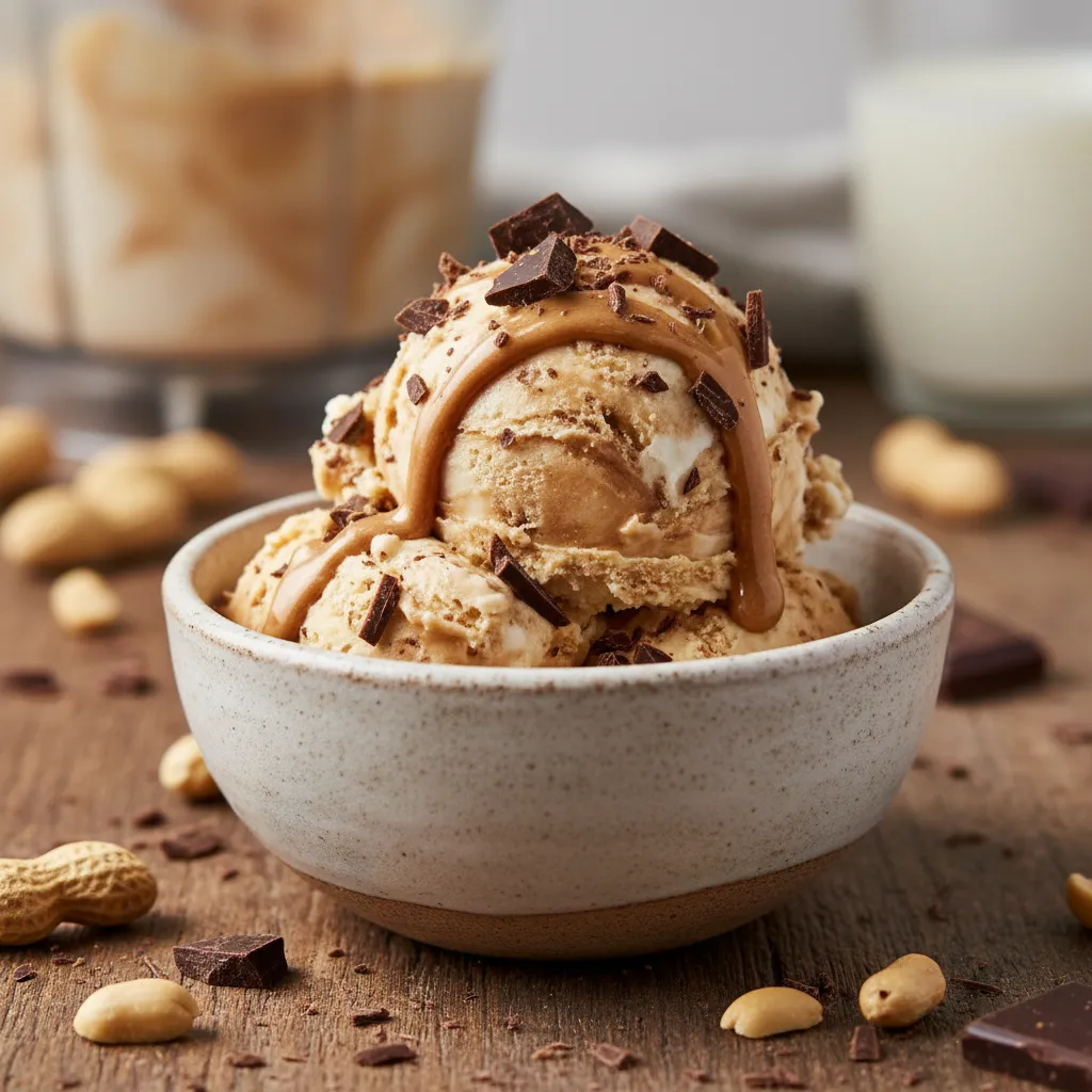 Scoop of peanut butter cup cottage cheese ice cream topped with chocolate