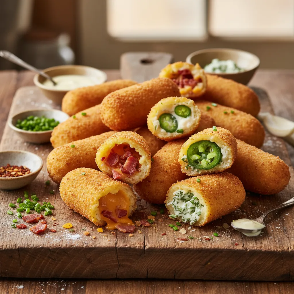 Different flavors of potato croquettes on a wooden board