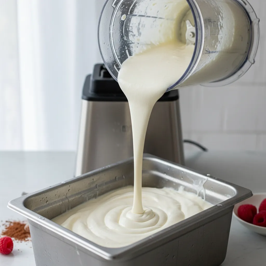 Pouring smooth cottage cheese ice cream base into a freezer pan