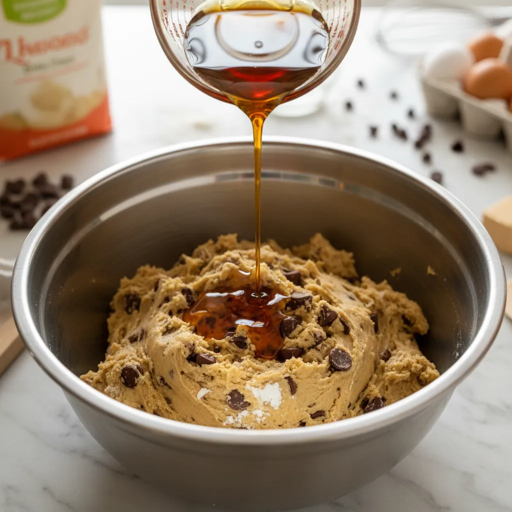 Rich amber maple syrup being poured into raw chocolate chip cookie dough as a vanilla extract substitute