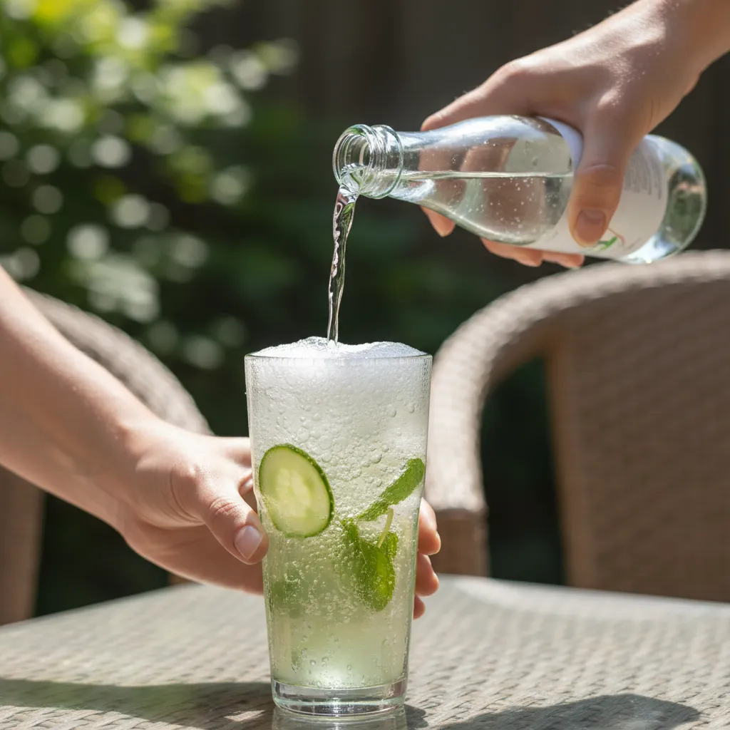 Hands pouring sparkling water into a glass with cucumber slices and mint