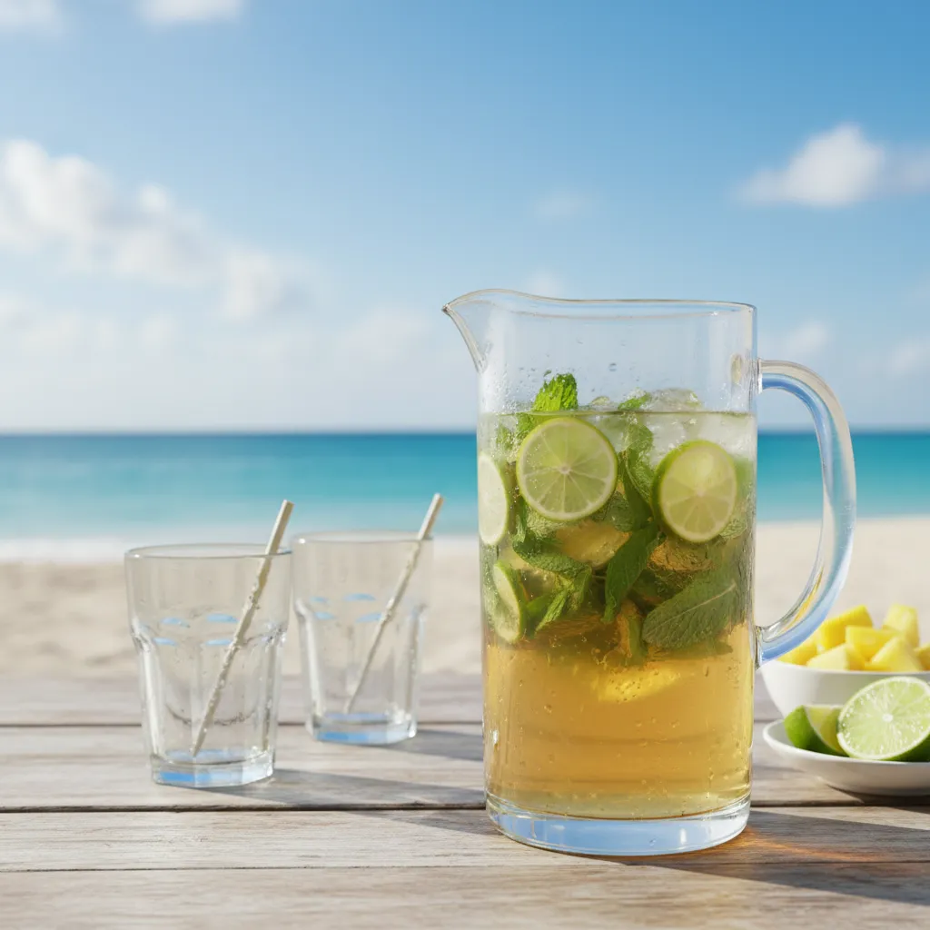 Batched non-alcoholic pineapple mojito in a pitcher on the beach.