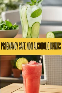 Two vibrant pregnancy safe non alcoholic summer drinks on a sunlit table.