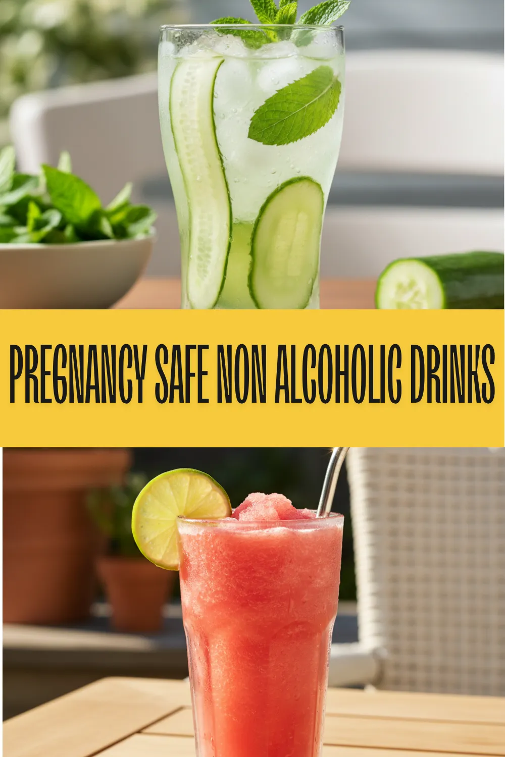 Two vibrant pregnancy safe non alcoholic summer drinks on a sunlit table.