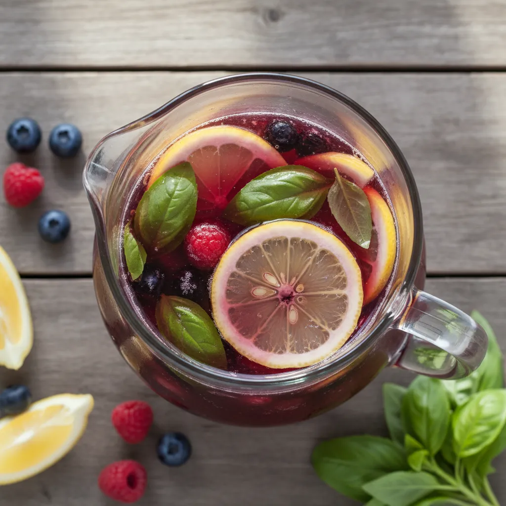 A pitcher of mixed berry basil lemonade with lemons and herbs