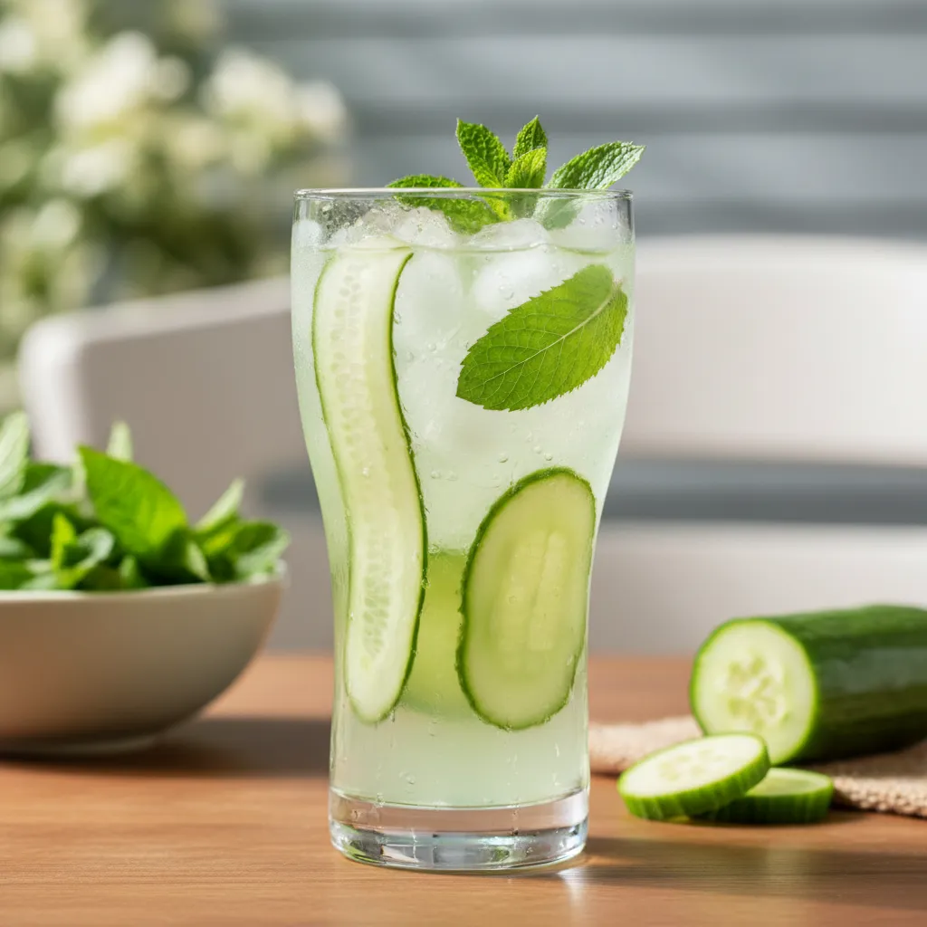 A chilled glass of cucumber mint water with green garnishes and ice