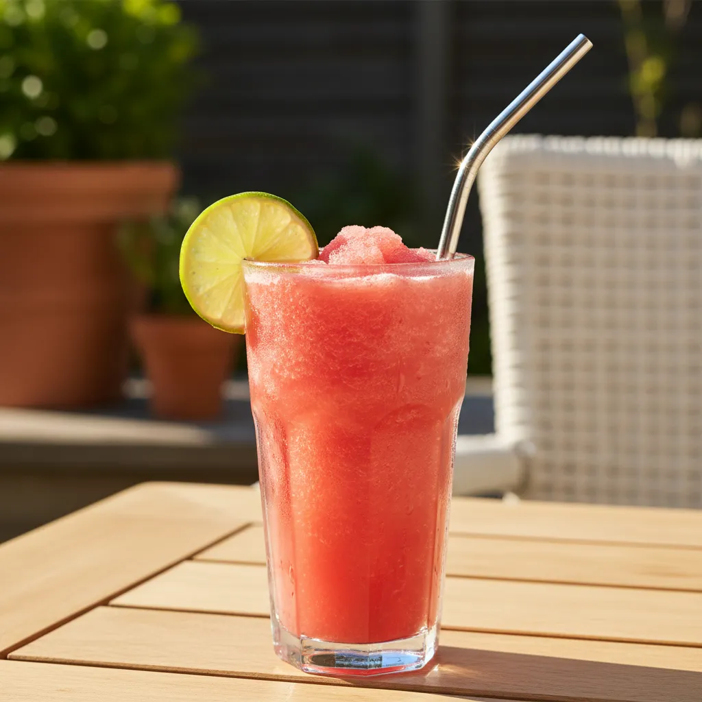 A frosty pink watermelon slushie on a sunlit table