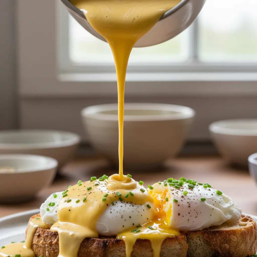 Creamy hollandaise sauce drizzled over poached eggs showing perfect emulsion