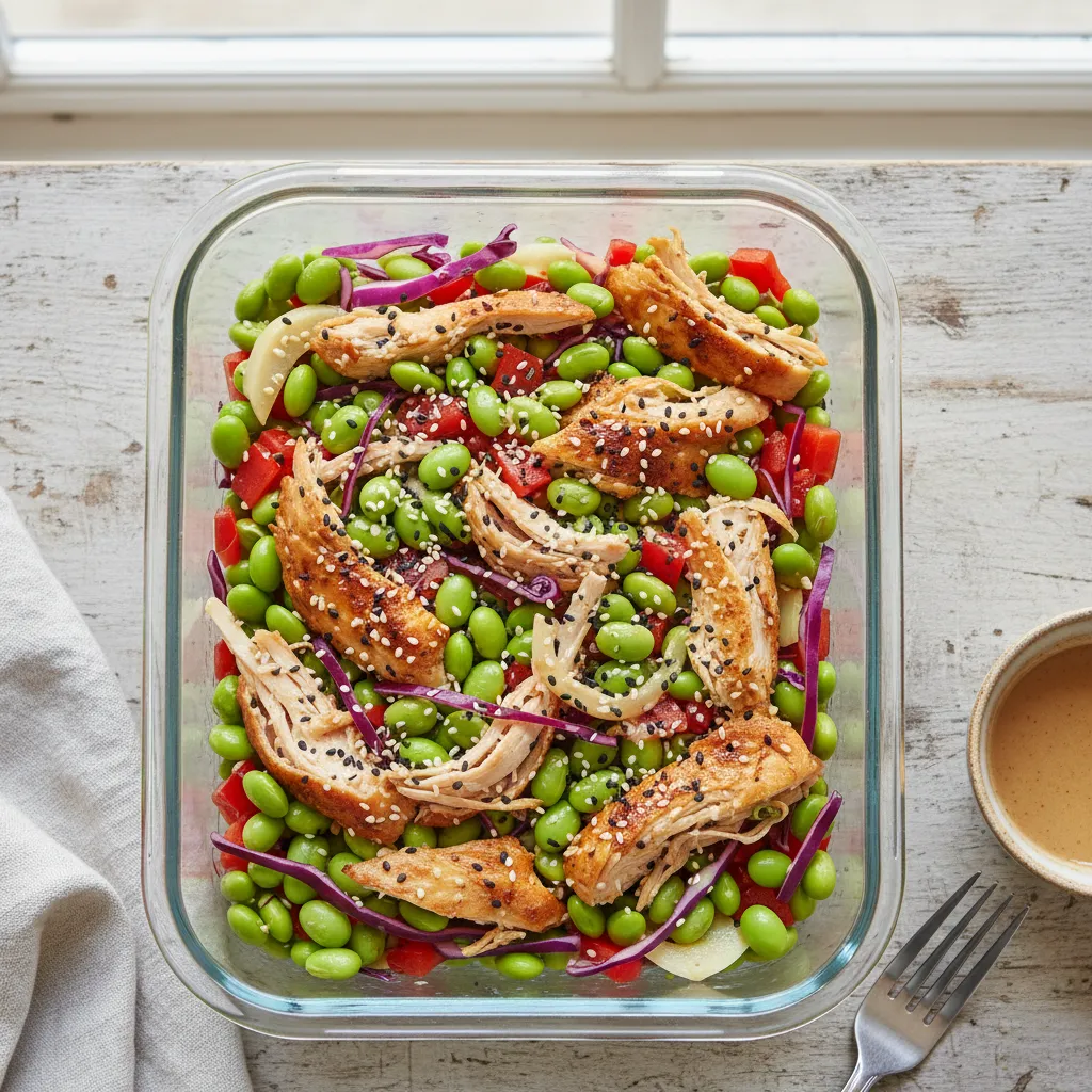 Freshly assembled no-cook rotisserie chicken and edamame salad in a glass container