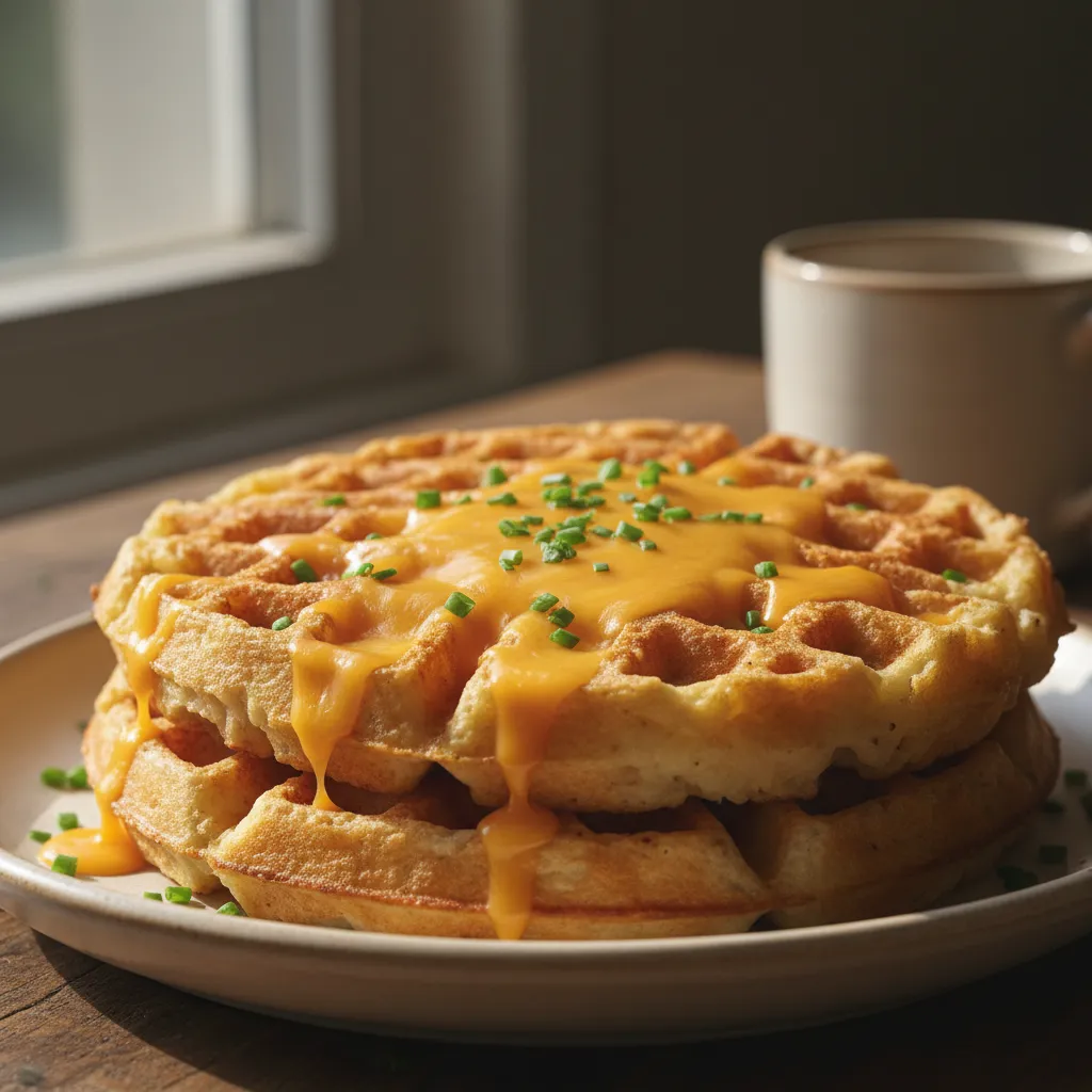 Crispy golden mashed potato waffles topped with cheese and herbs