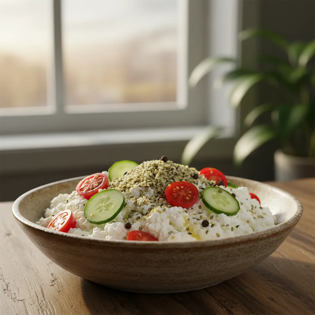 Creamy savory cottage cheese lunch bowl topped with hemp seeds and vegetables