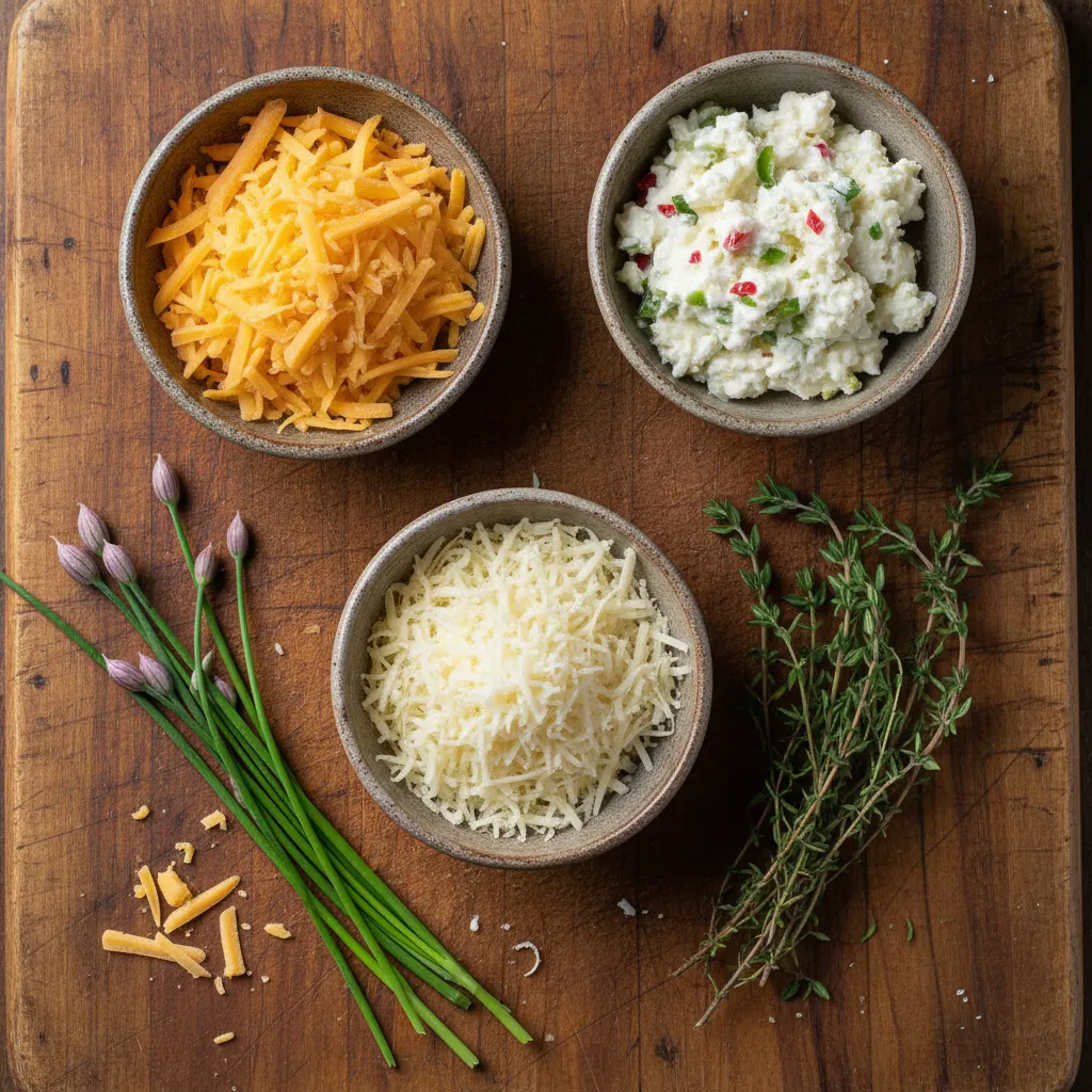 Bowls of shredded cheddar, gruyere, and pepper jack with fresh herbs