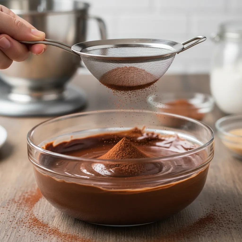 Fine cocoa powder being sifted into chocolate buttercream frosting to thicken it