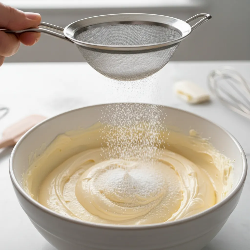 Fine mesh sieve dusting powdered sugar over a bowl of creamy vanilla buttercream frosting
