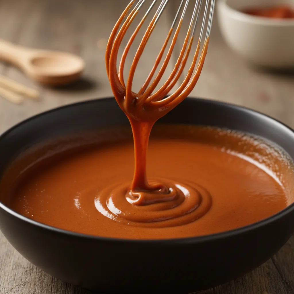 A whisk lifting perfectly smooth sauce with no lumps