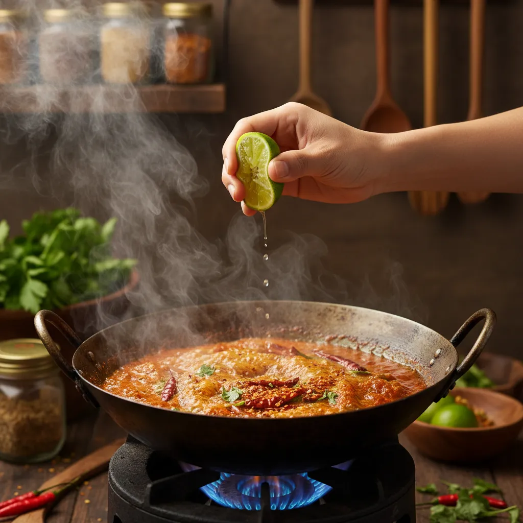 Fresh lime juice being squeezed into a hot wok to balance spicy flavors