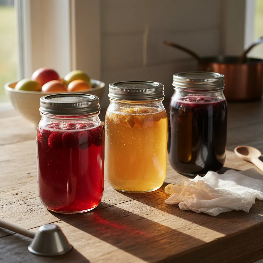 Glass mason jars storing homemade fruit shrub syrups safely