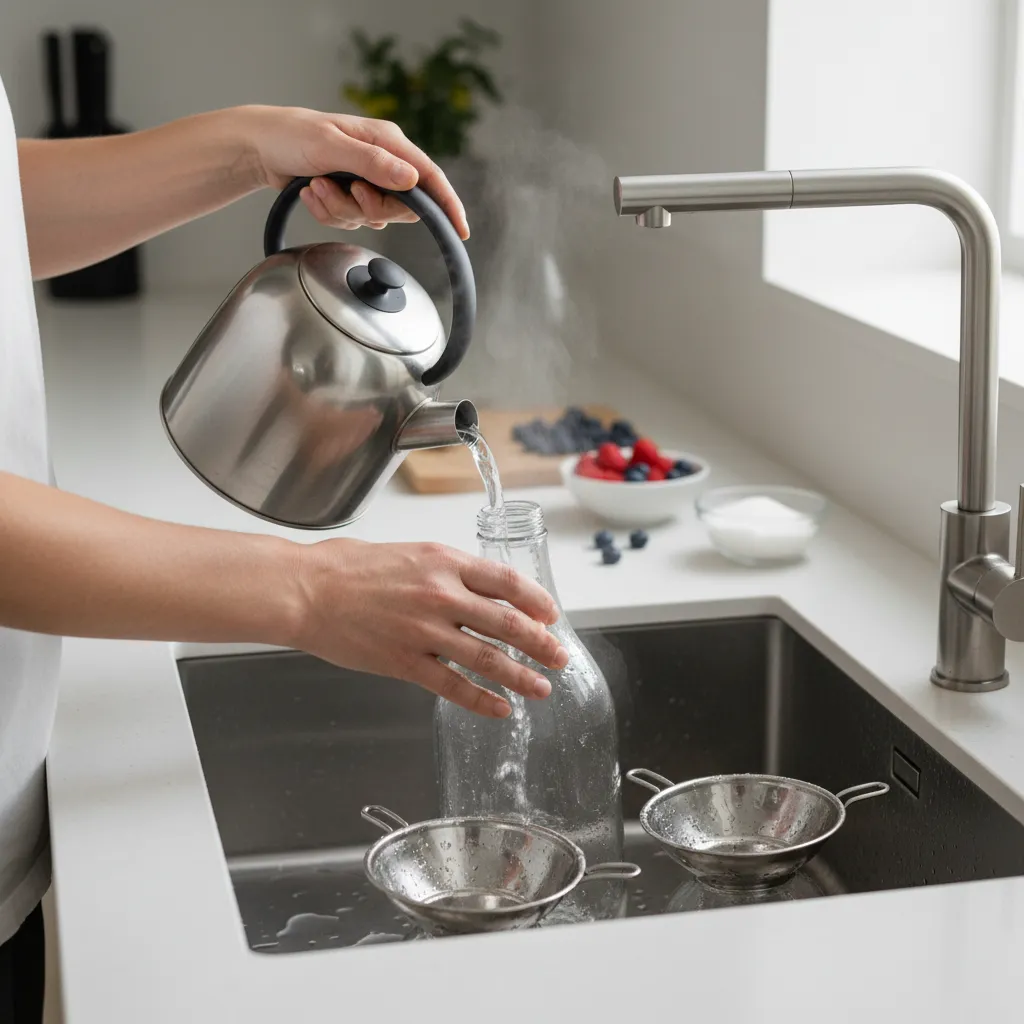 Person sterilizing glass bottles with hot water for shrub storage