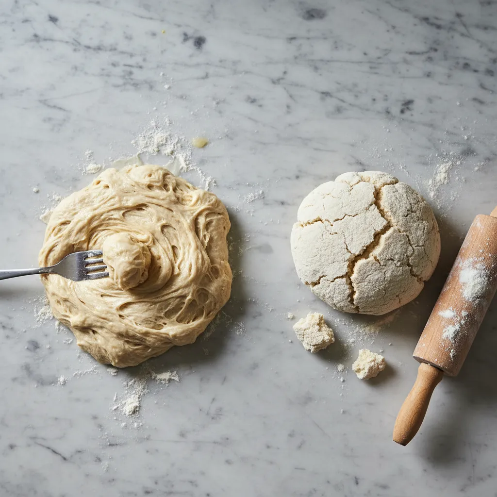 Comparison of sticky and dry doughs on a marble countertop