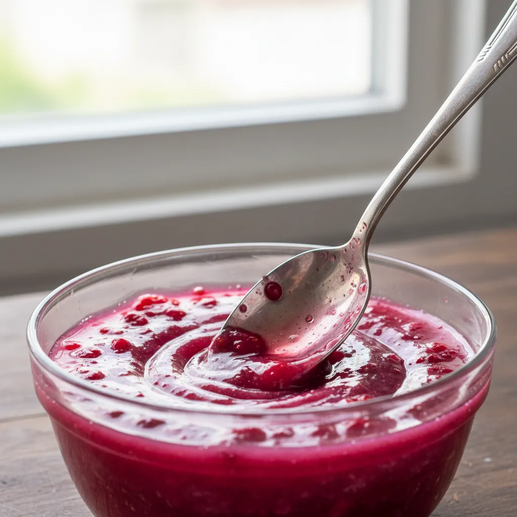 Spoon stirring bright pink berry shrub syrup in a glass bowl