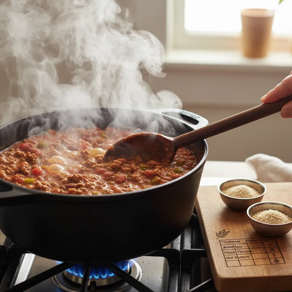 Stirring simmering chili in a cast iron pot to evaporate liquid