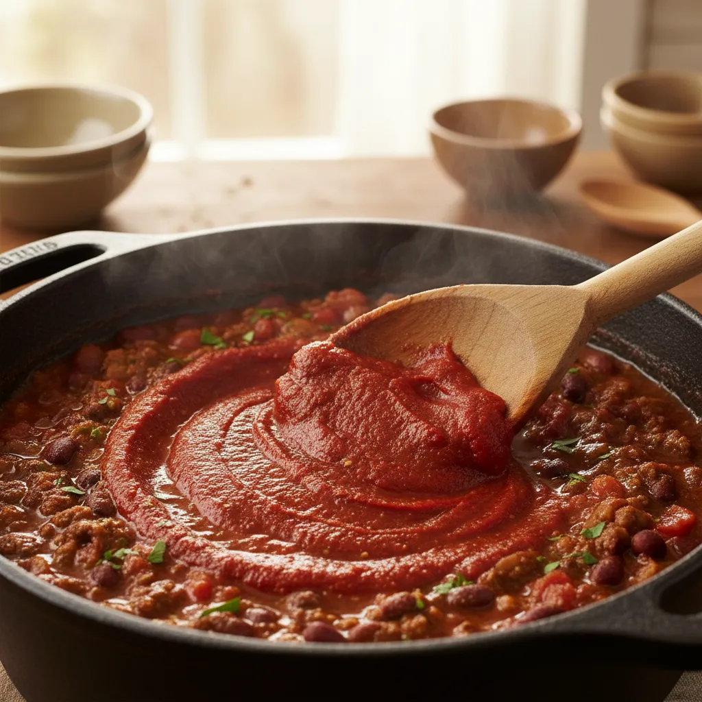Wooden spoon stirring thick tomato paste into a pot of savory chili