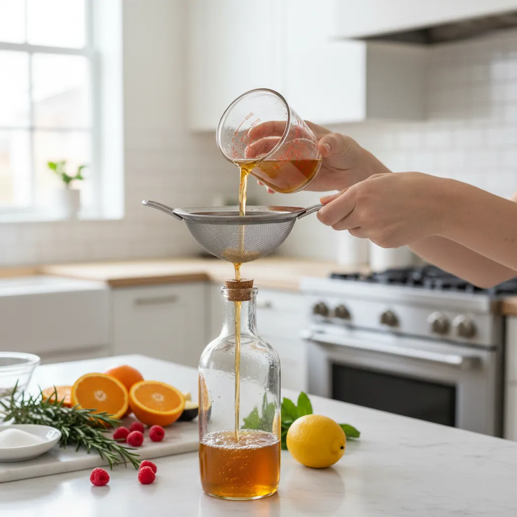 Golden liquid being poured through a fine mesh strainer into a glass bottle