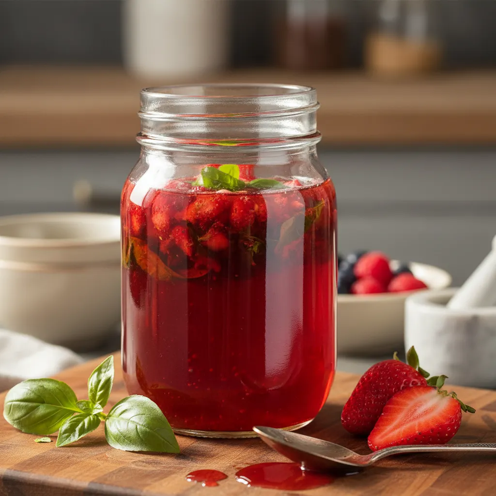 A glass jar filled with vibrant red strawberry and basil shrub syrup
