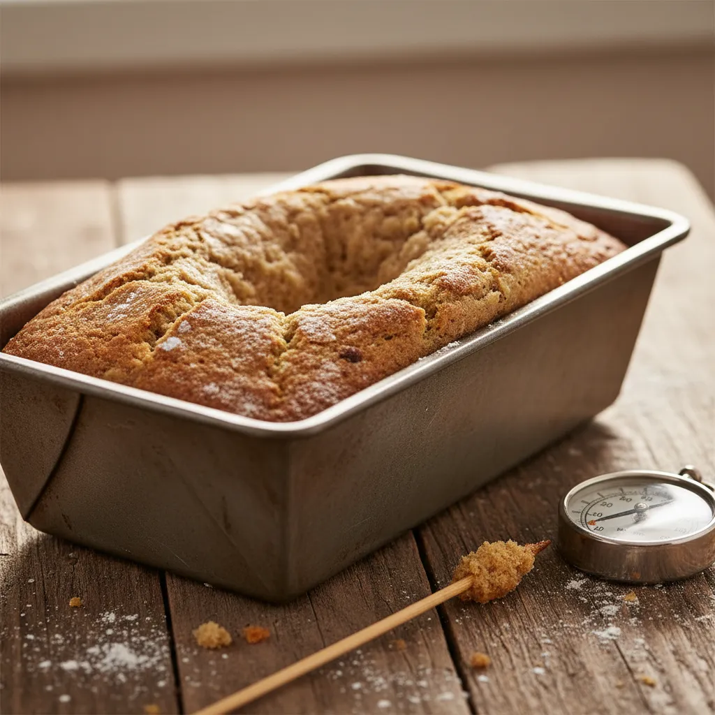 A loaf of banana bread with a sunken middle next to an oven thermometer and testing skewer on a wooden kitchen counter.