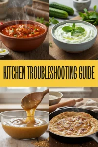 A bowl of creamy emulsified sauce and a pot of chili on a kitchen counter illustrating home cooking rescue techniques.