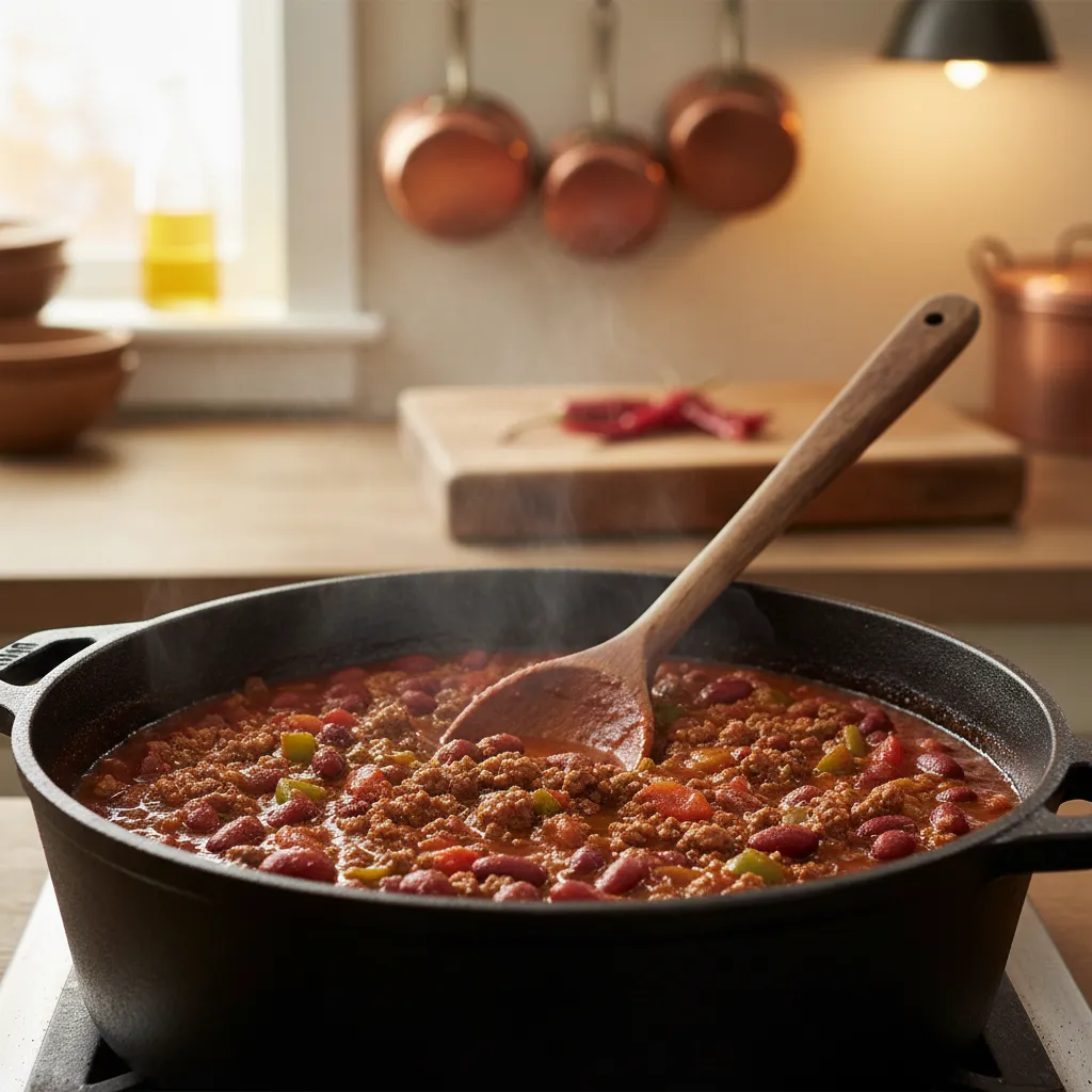 Close up of rich red chili simmering and reducing in a cast iron Dutch oven
