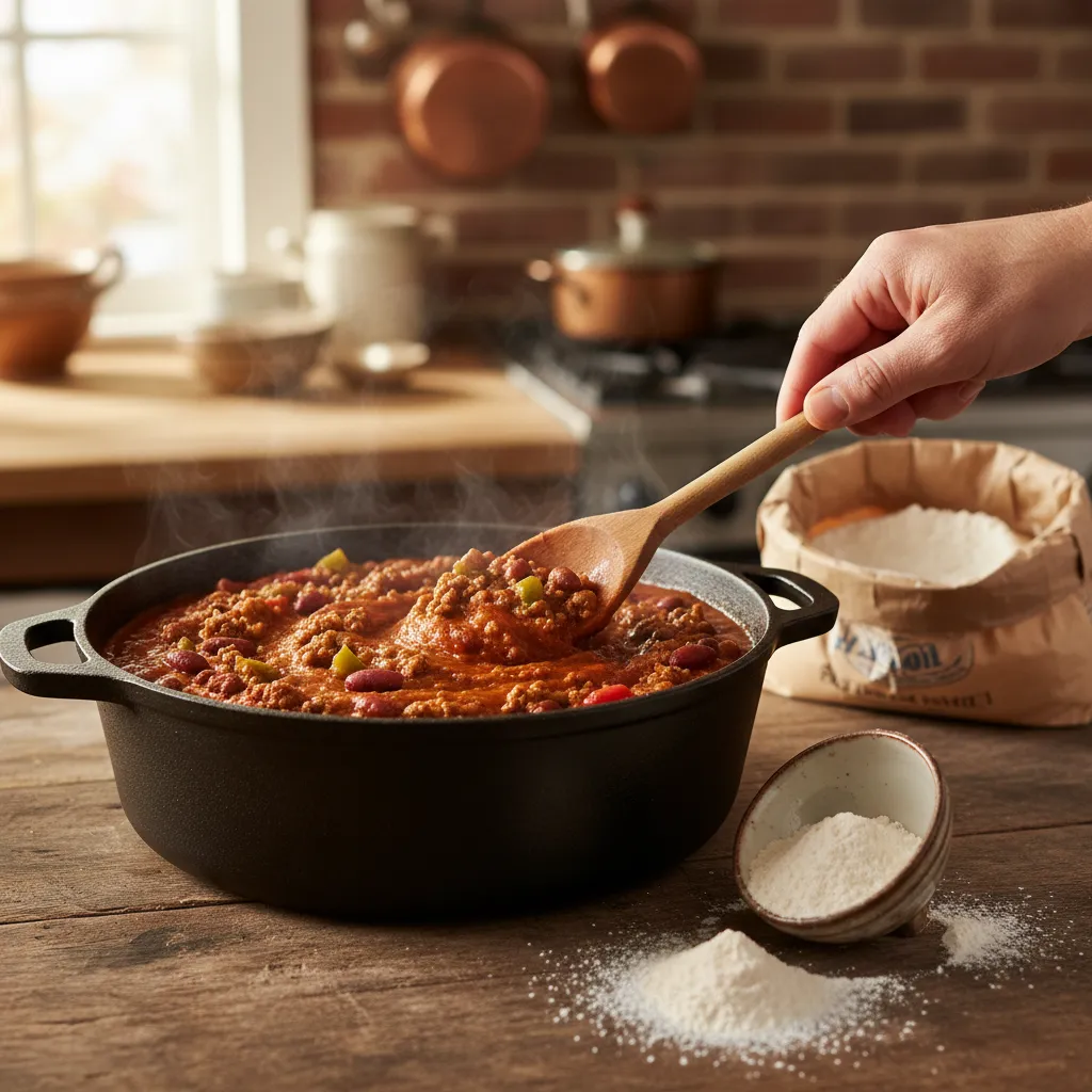 A wooden spoon stirring rich and thick chili thickened with all purpose flour