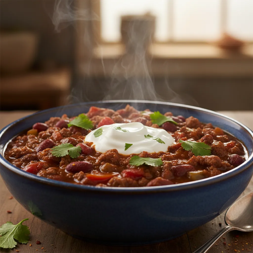 A rich and thick bowl of keto friendly chili garnished with cilantro