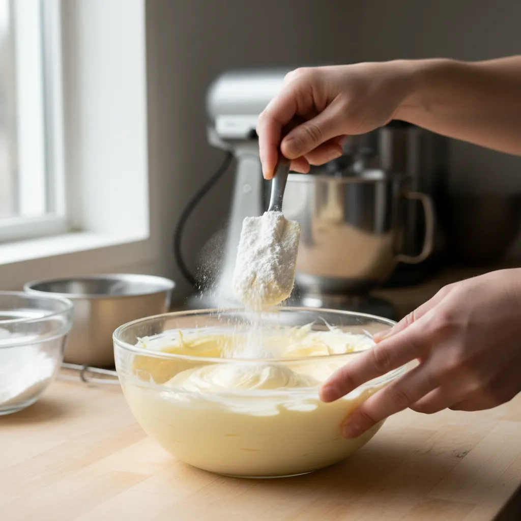 Baker adding dry milk powder to runny buttercream frosting in a glass bowl