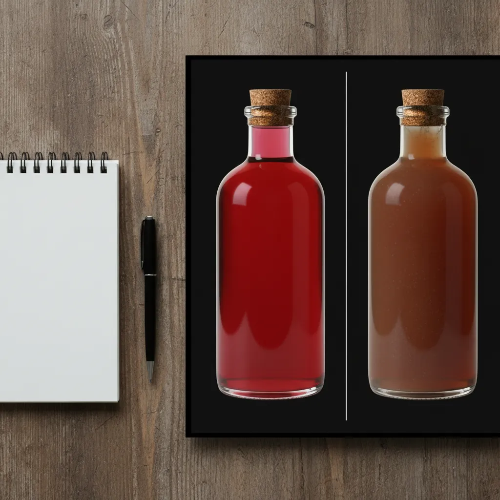Notepad next to a clear and a cloudy fruit syrup on a wooden table
