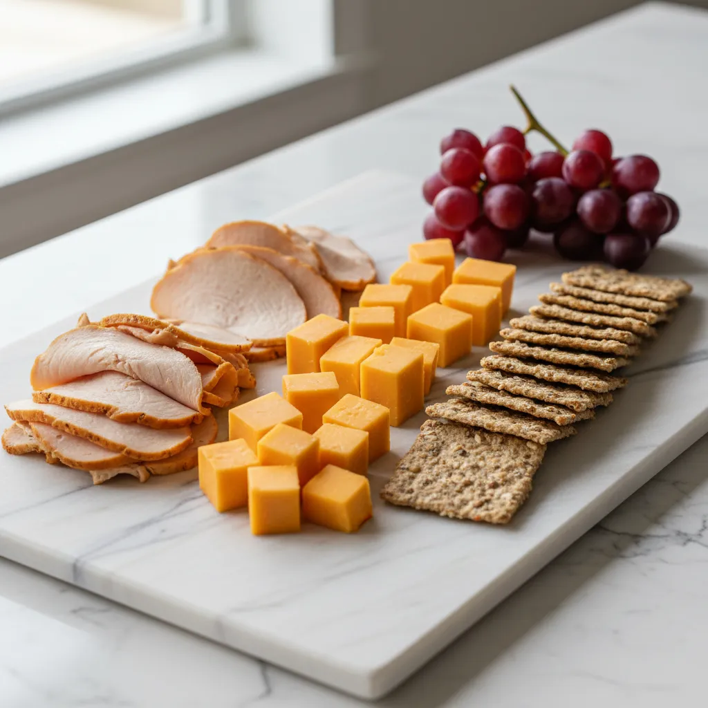 Ingredients for an adult lunchable including turkey, cheese, and crackers