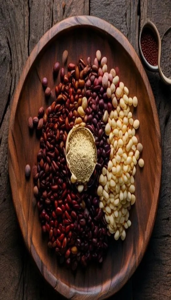 Kidney, black, and pinto beans on a wooden board.