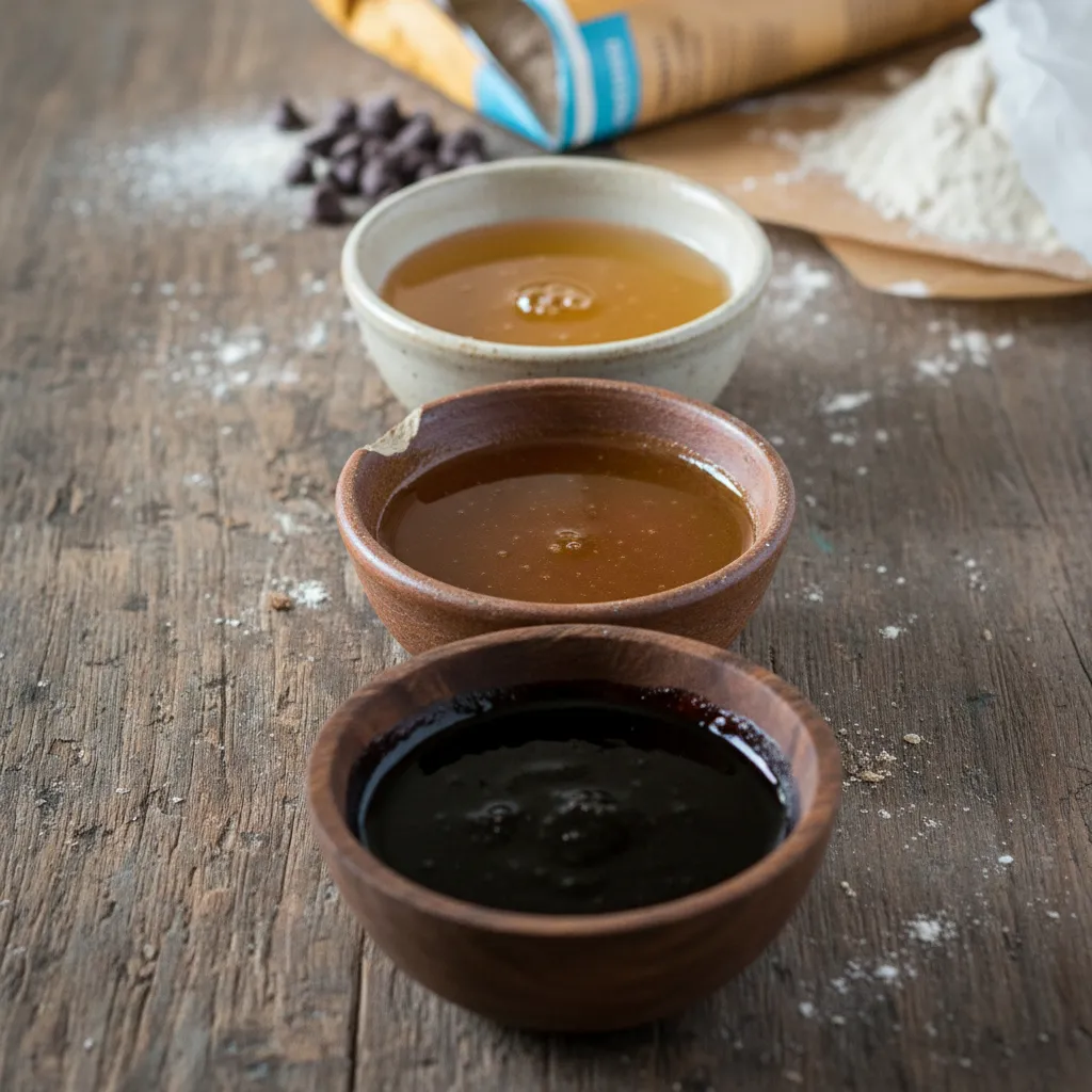 Three bowls of varying shades of honey showcasing different flavor profiles